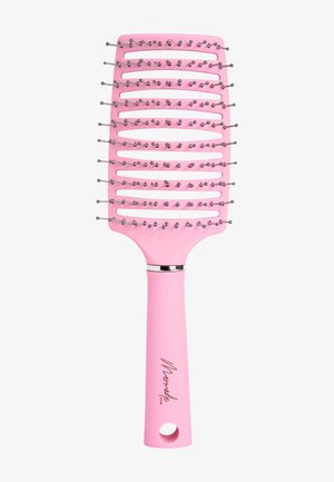 Cepillo de pelo rosa con cabeza rectangular, cerdas de plástico anchas y un mango suave que presenta un acento metálico y un logotipo.