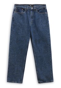 Jeans en denim bleu avec des illustrations et des textes en style griffonné noir sur l'ensemble, dotés d'une fermeture par bouton et zip ainsi que d'un design à cinq poches.