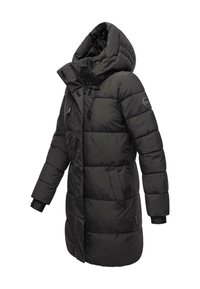 Abrigo parka acolchado negro con cuello alto, capucha con cordón, cierre de cremallera, bolsillos laterales y puños de canalé. Presenta una textura acolchada y logo.