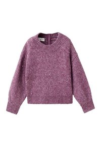 Lila stickad tröja med rundad halsringning, ribbade ärmslut och nederdel. Har ett strukturerat mönster med små prickar över hela.