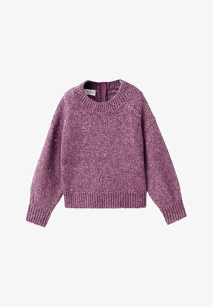 Pullover en tricot violet avec un col rond, des poignets et un ourlet côtelés. Présente un motif texturé avec de petites speckles dispersées.