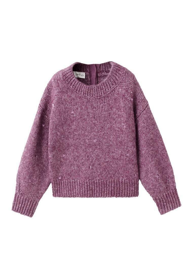 Lila stickad tröja med rundad halsringning, ribbade ärmslut och nederdel. Har ett strukturerat mönster med små prickar över hela.