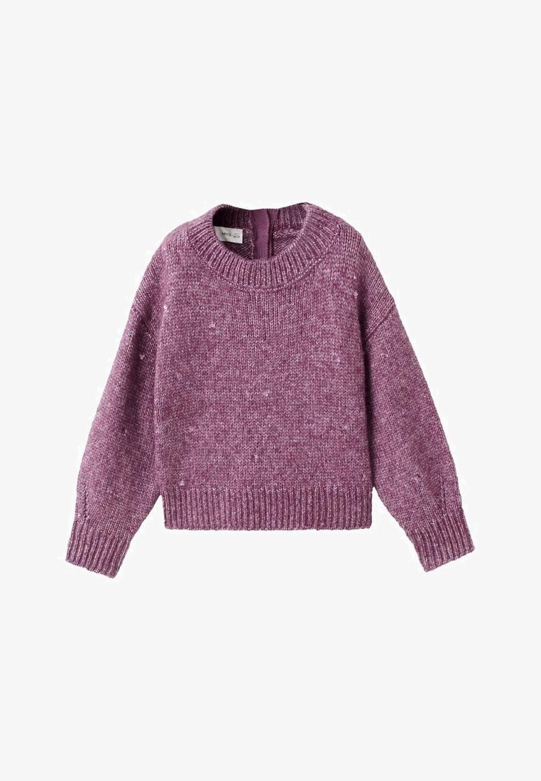 Purple knitted sweater with a crew neckline, ribbed cuffs, and hem. Features a textured pattern with small specks throughout.