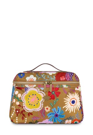 Cosmetica-tasje met bloemenprint, gouden rits, bruine achtergrond en kleurrijke bloemen. Heeft een handvat aan de bovenkant en een gestructureerde rechthoekige vorm.
