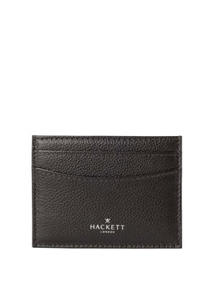 Black textured leather cardholder with three card slots and white "Hackett London" logo centered at the bottom.