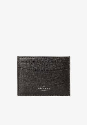 Black textured leather cardholder with three card slots and white "Hackett London" logo centered at the bottom.