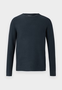 Navy ribbed knit sweater with long sleeves and a round neckline. Features a textured fabric and a fitted silhouette.