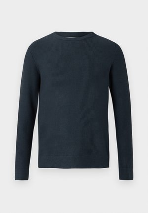 Navy ribbed knit sweater with long sleeves and a round neckline. Features a textured fabric and a fitted silhouette.
