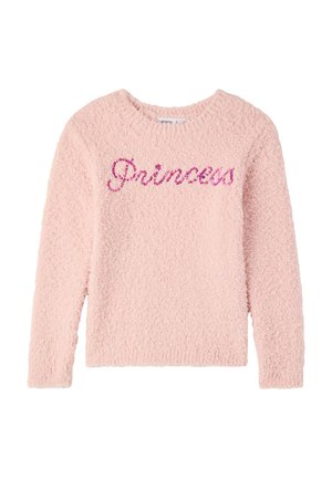 Maglione lungo a maniche con fluff rosa chiaro, con la parola "Principessa" ricamata in paillettes rosa lucide sul petto.