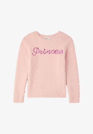 Jasnoróżowy, puszysty sweter z długim rękawem, na którym na piersi wyszyto słowo "Księżniczka" błyszczącymi różowymi cekinami.