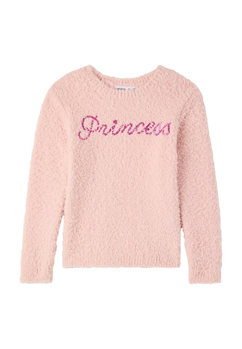 Maglione lungo a maniche con fluff rosa chiaro, con la parola "Principessa" ricamata in paillettes rosa lucide sul petto.