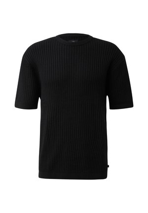 Schwarzer, kurzärmeliger Strickpullover mit Rippenstruktur, Rundhalsausschnitt, geradem Saum und strukturiertem vertikalem Muster.