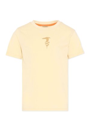 T-shirt beige a maniche corte con un piccolo logo astratto marrone centrato sul petto e scollo rotondo.