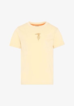 T-shirt beige à manches courtes avec un petit logo abstrait marron centré sur la poitrine et un col rond.