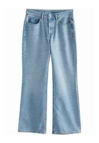 Jean en denim bleu clair à jambes larges avec une taille haute, comportant cinq poches et une fermeture à bouton à l'avant. Texture lisse avec des motifs de décoloration.