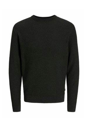 Pull en tricot de couleur vert foncé, présentant un motif texturé, des manches longues et un col rond. Poignets et ourlet côtelés pour une finition ajustée.