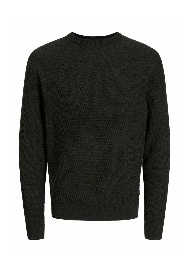 Strickpullover in Dunkelgrün mit strukturiertem Muster, langen Ärmeln und Rundhalsausschnitt. Rippenbündchen und Saum für eine taillierte Passform.