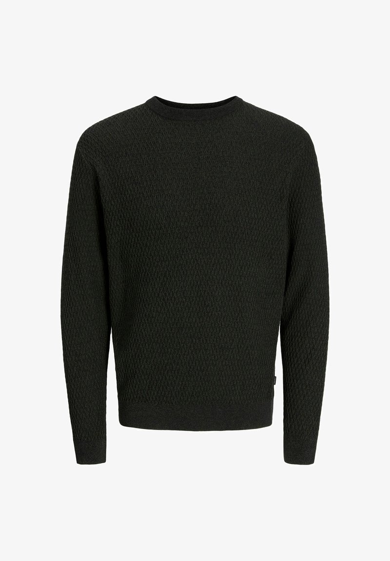 Strickpullover in Dunkelgrün mit strukturiertem Muster, langen Ärmeln und Rundhalsausschnitt. Rippenbündchen und Saum für eine taillierte Passform.