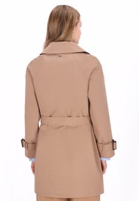 Trenci maro deschis, cu un guler mare, talie cu curea și mâneci reglabile cu catarame metalice. Material neted, rezistent la apă.