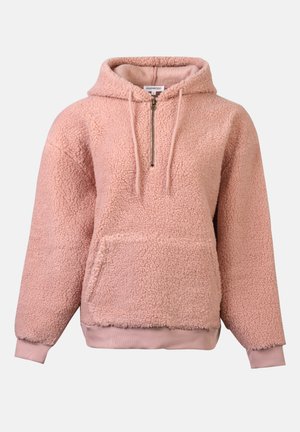 Hoodie en polaire rose avec mi-fermeture éclair, poches kangourou, finitions côtelées aux poignets et à l'ourlet ; texture douce et coupe décontractée.