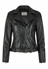 Schwarze Leder-Motorradjacke mit weitem Kragen, asymmetrischem Reißverschluss und Seitentaschen. Verfügt über eine taillierte Bund mit Gürtel und eine strukturierte Oberfläche.