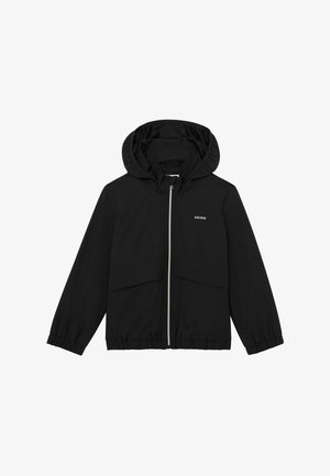 Čierna bunda s kapucňou, predným zipsom, elastickými manžetami a logom "REISS" na ľavej strane hrude.