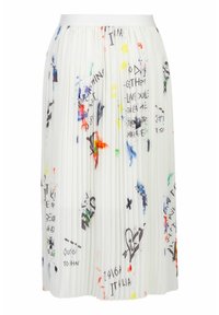Gefalteter weißer Rock mit mehrfarbigen Graffiti-Mustern und Text. Elastischer Bund, leichtes Material und mittellanges Design.