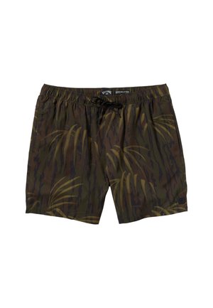 Heren zwemshorts in camouflagepatroon, met donkere groentinten en bruintinten, voorzien van gele palmblaadjes. Elastiche tailleband met trekkoord.