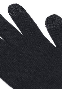 Sorte handsker lavet af strikket stof med teksturerede fingerspidser for tactile følsomhed. Glat overflade med en tætsiddende pasform.