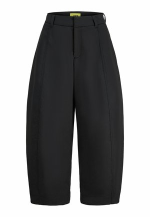 Pantalon noir taille haute à jambes larges et longueur courte, avec passants de ceinture et détails de couture avant, présenté sur fond blanc.