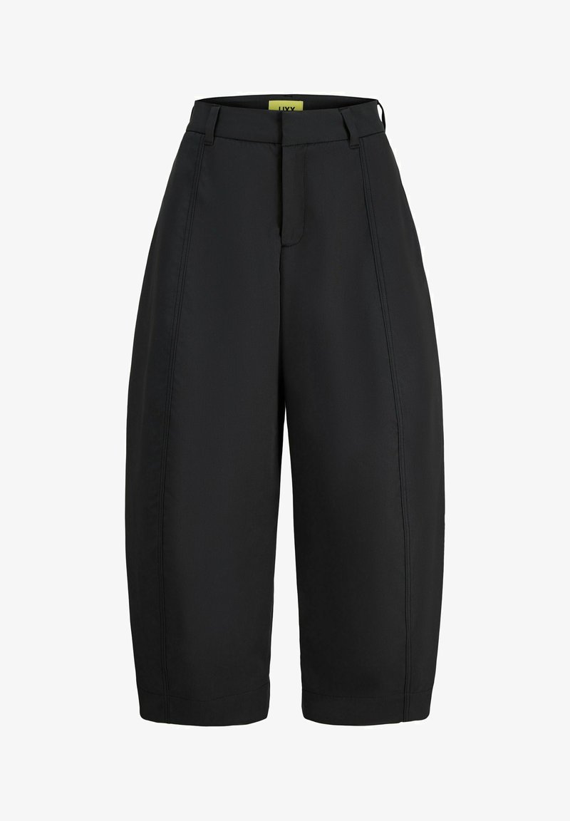 Pantalon noir taille haute à jambes larges et longueur courte, avec passants de ceinture et détails de couture avant, présenté sur fond blanc.