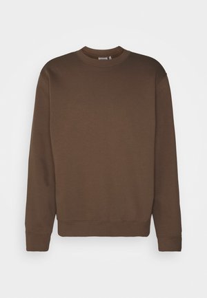 Plain brown crewneck sweatshirt with long sleeves and ribbed cuffs and hem, displayed against a white background.