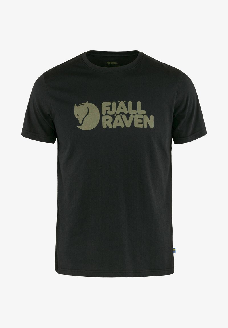 Črna bombažna majica s kratkimi rokavi, ki na sprednji strani prikazuje velik zelen logo "FJÄLL RÄVEN" in silhueto lisice. Ima okrogel izrez.
