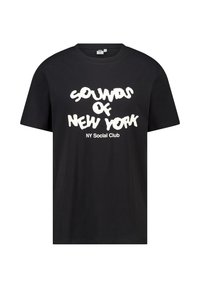 Black cotton T-shirt featuring bold white text "SOUNDS OF NEW YORK" and "NY Social Club" in a playful font across the chest.