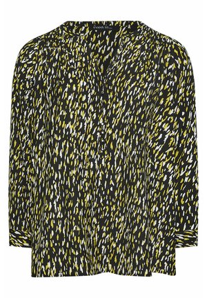 Blusa nera con scollatura a V, caratterizzata da un motivo sparso in bianco e giallo. Maniche lunghe e design morbido. Tessuto leggero.