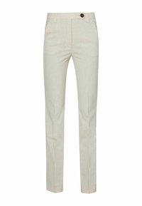 Pantalon slim beige avec taille haute, poches latérales, rabat à l'avant et une seule fermeture par bouton foncé à la taille.