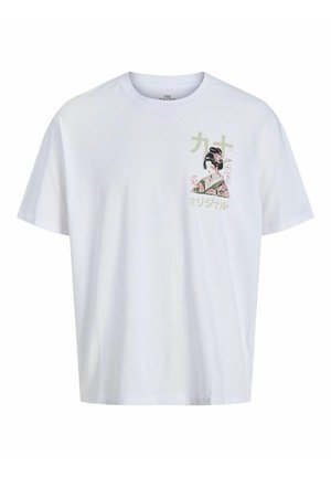 Weißes Kurzarm-T-Shirt mit einem Frontmotiv einer Frau in traditioneller Kleidung, begleitet von japanischem Text. Aus Baumwolle, lockere Passform.