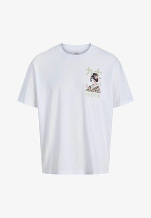 Balta trumpa rankovėmis marškinėliai su piešiniu priekyje, vaizduojančiu moterį tradiciniu kostiumu, lydimu japonų kalbos teksto. Pagaminti iš medvilnės, laisvas fasonas.