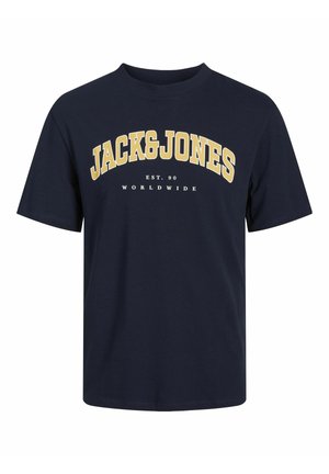 Marilynblauwe katoenen t-shirt met korte mouwen, voorzien van een gebogen "JACK & JONES" logo in geel en wit, en de tekst "EST. 90 WORLDWIDE" eronder.