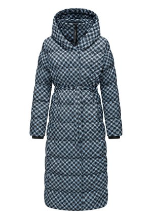 Gevoerd lange jas in een blauw en zwart geometrisch patroon. Bevat een hoge kraag, een ceintuur in de taille en elastische boorden voor extra comfort.