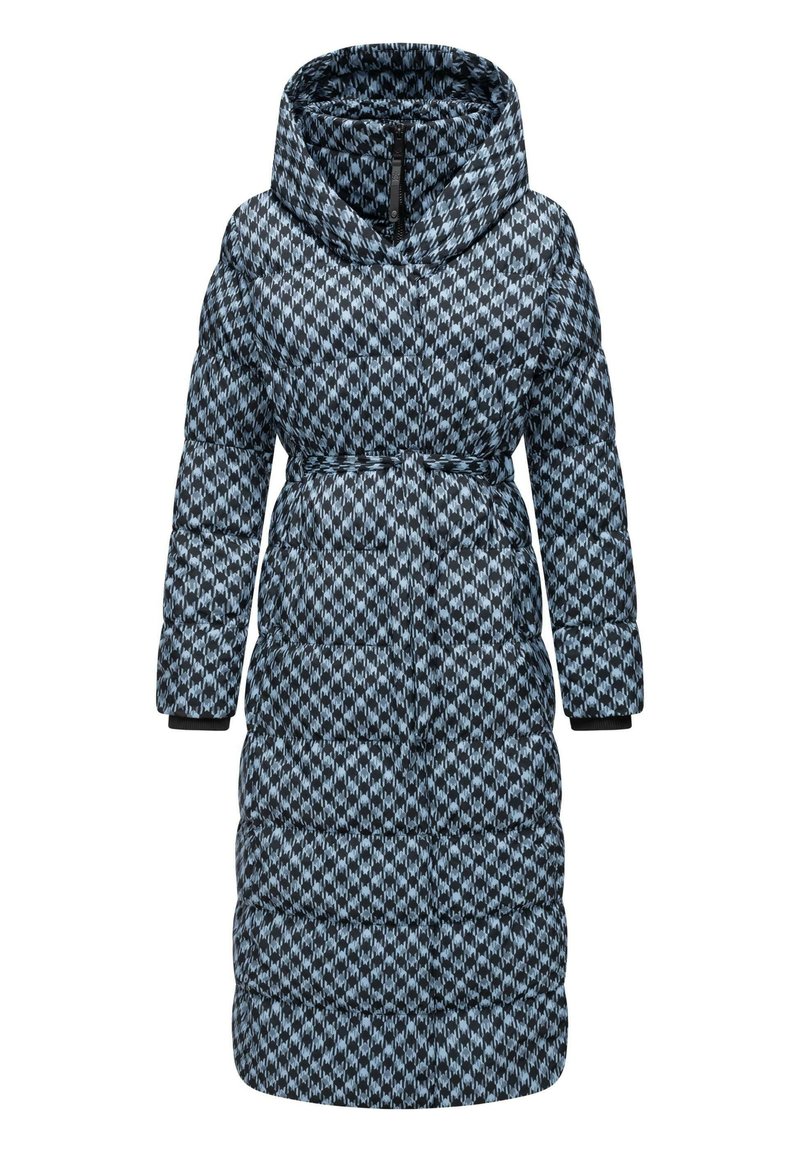 Gevoerd lange jas in een blauw en zwart geometrisch patroon. Bevat een hoge kraag, een ceintuur in de taille en elastische boorden voor extra comfort.