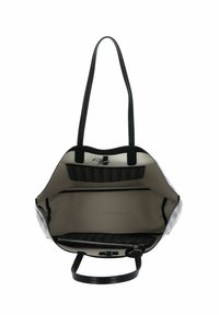 Sac fourre-tout noir avec deux longues poignées, intérieur ouvert avec une doublure beige, poche zippée et poche arrière à motifs pour l'organisation.