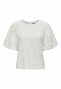 Haut blanc à manches bouffantes avec tissu texturé, encolure ronde et fermeture au dos à œillet. Design simple avec une sensation de légèreté.