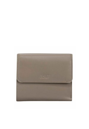Portafoglio compatto in pelle color taupe con chiusura a patta e logo Jost impresso al centro della parte anteriore.