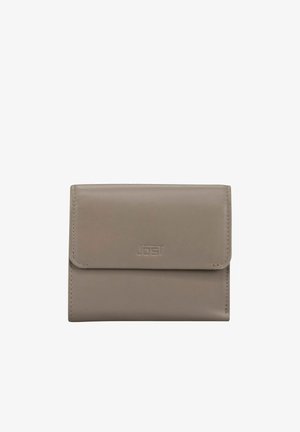 Portafoglio compatto in pelle color taupe con chiusura a patta e logo Jost impresso al centro della parte anteriore.