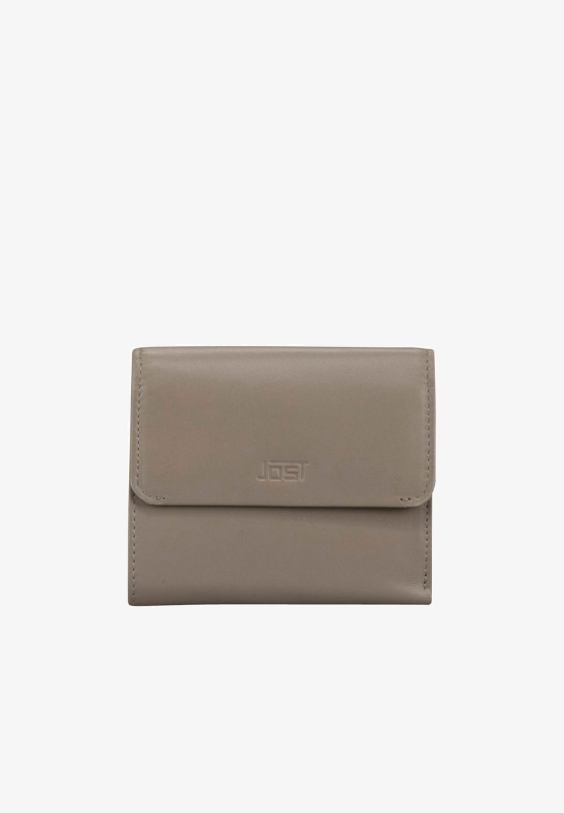 Portefeuille compact en cuir taupe avec fermeture à rabat et logo Jost embossé au centre avant.
