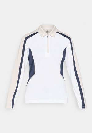 Langermet poloshirt med hvit kropp, marineblå sideakenter og lys beige skuldre. Har krage med glidelås for justerbar bruk.