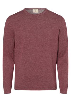 Vinrød langærmet crewneck-trøje lavet af blødt stof med et lille mærke nær kanten på venstre side.
