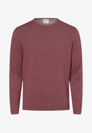 Pull bordeaux à manches longues et col rond, en tissu doux avec une petite étiquette près de l'ourlet sur le côté gauche.