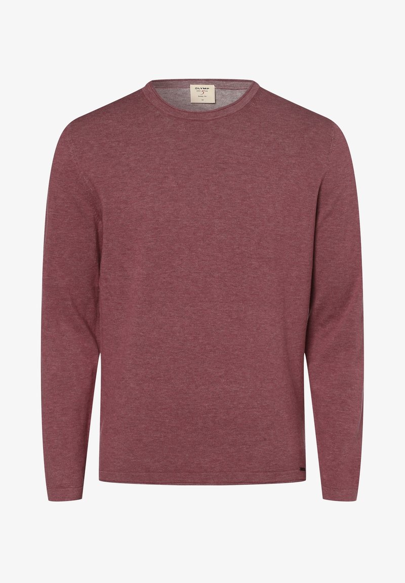 Pull bordeaux à manches longues et col rond, en tissu doux avec une petite étiquette près de l'ourlet sur le côté gauche.